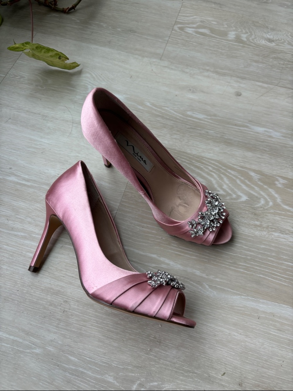 Nina Rose Pink Satin Peep-Toe Heels with Crystal Brooch